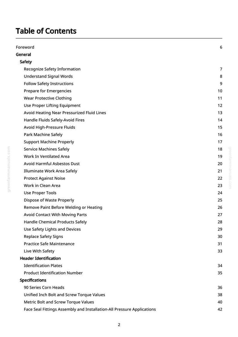 May include: A white page with a black table of contents. The title is "Table of Contents". The list includes safety information, machine maintenance, and specifications for 90 Series Corn Heads.