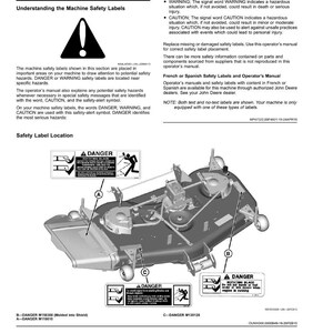 Pode incluir: Uma p&aacute;gina de um manual que detalha os r&oacute;tulos de seguran&ccedil;a para uma m&aacute;quina. O texto inclui avisos sobre perigos potenciais e o significado dos r&oacute;tulos DANGER, WARNING e CAUTION. A imagem mostra diagramas dos r&oacute;tulos.