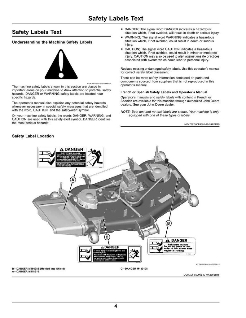 Pode incluir: Uma p&aacute;gina de um manual que detalha os r&oacute;tulos de seguran&ccedil;a para uma m&aacute;quina. O texto inclui avisos sobre perigos potenciais e o significado dos r&oacute;tulos DANGER, WARNING e CAUTION. A imagem mostra diagramas dos r&oacute;tulos.