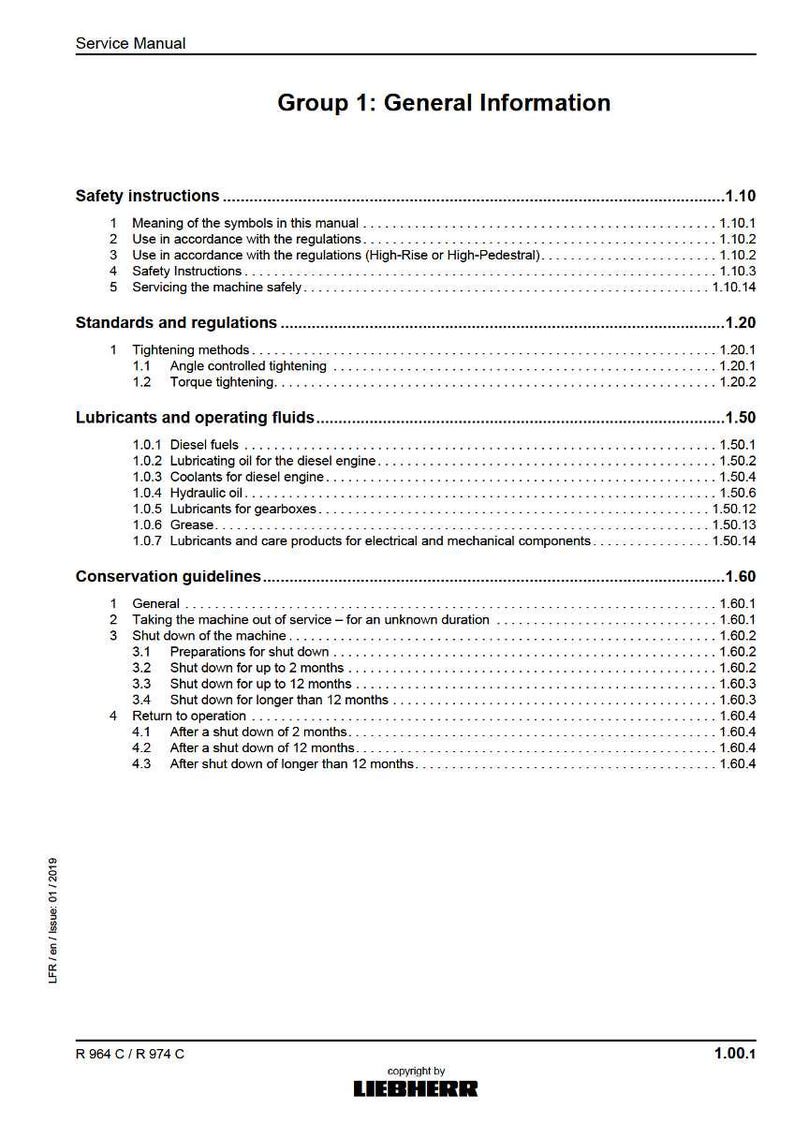 Puede incluir: Una p&aacute;gina del manual de servicio titulada "Grupo 1: Informaci&oacute;n general" con secciones sobre instrucciones de seguridad, normas, lubricantes y pautas de conservaci&oacute;n. Incluye un aviso de copyright y el logotipo de Liebherr.