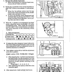 K&ouml;nnte beinhalten: Diagramm zur Einstellung des Ventilspiels eines Motors. Enth&auml;lt Abbildungen von Motorkomponenten, eine Ventilspielanordnungstabelle und Anweisungen. Ma&szlig;e in Nm und kgm.