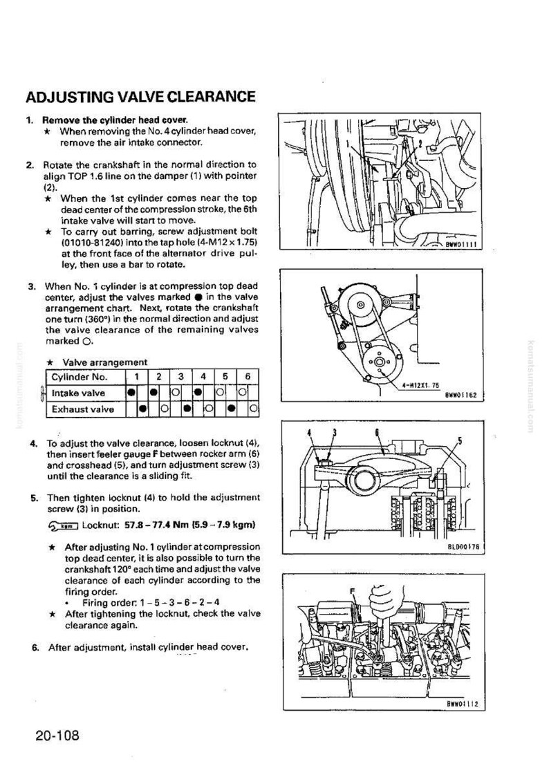 K&ouml;nnte beinhalten: Diagramm zur Einstellung des Ventilspiels eines Motors. Enth&auml;lt Abbildungen von Motorkomponenten, eine Ventilspielanordnungstabelle und Anweisungen. Ma&szlig;e in Nm und kgm.