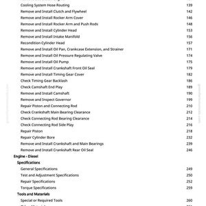 May include: A page from a manual with a list of engine repair procedures, including "Remove and Install Accelerator Pump" and "Repair Piston". The page numbers are visible on the right side. The text is in black on a white background.