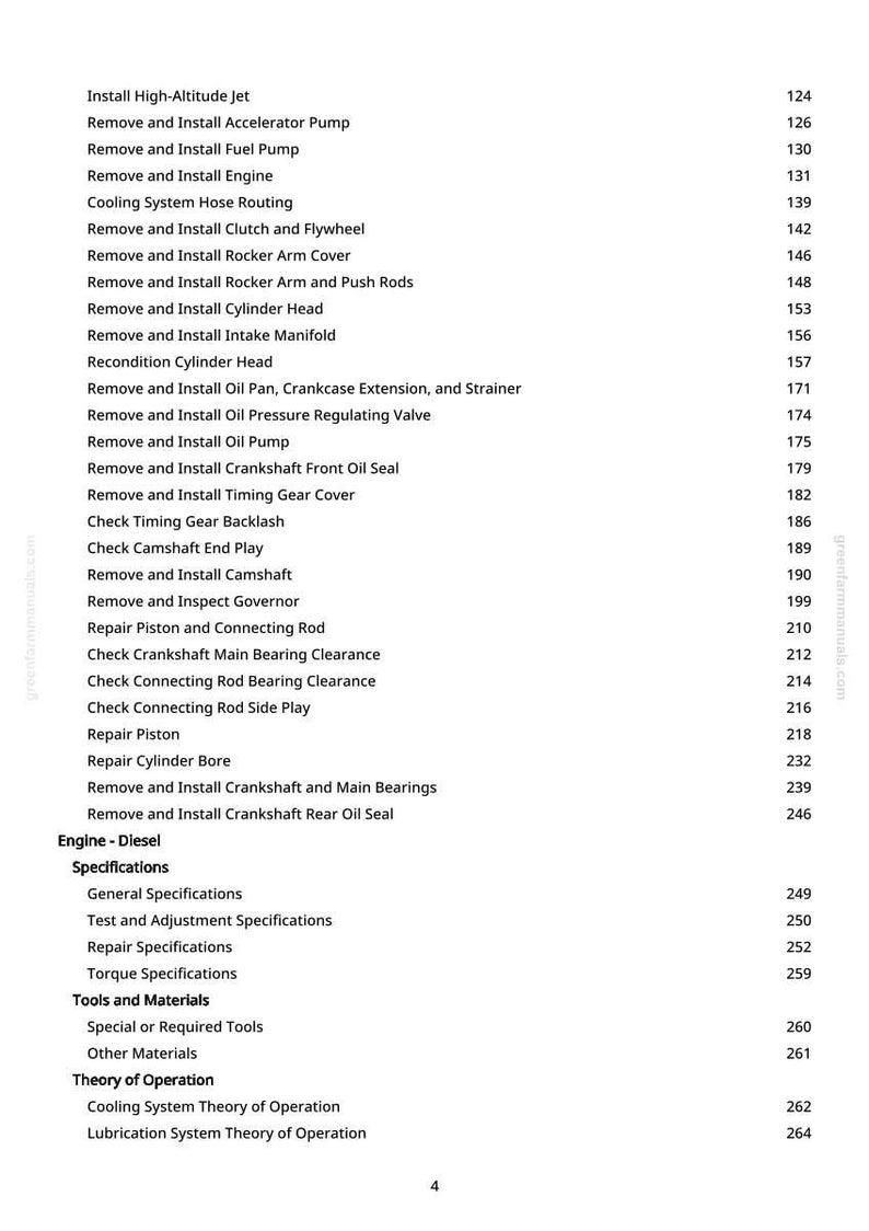 May include: A page from a manual with a list of engine repair procedures, including "Remove and Install Accelerator Pump" and "Repair Piston". The page numbers are visible on the right side. The text is in black on a white background.