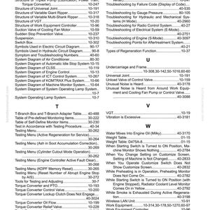 May include: A page from a Komatsu manual, featuring an index and various technical terms related to machinery, such as "Transmission Control Valve" and "Testing Menu." The text is black on a white background.