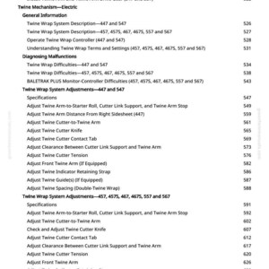 May include: A detailed table of contents from a manual, featuring various adjustments and descriptions related to a twine wrap system. The text is in black font on a white background, with page numbers on the right.