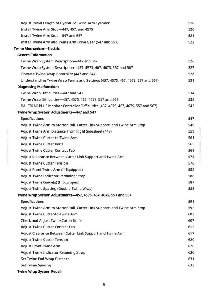 May include: A detailed table of contents from a manual, featuring various adjustments and descriptions related to a twine wrap system. The text is in black font on a white background, with page numbers on the right.