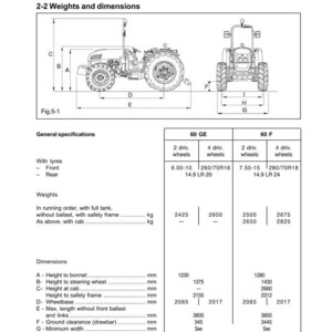 Peut inclure: Sch&eacute;ma d'un tracteur avec dimensions et sp&eacute;cifications. L'image comprend des vues lat&eacute;rales et frontales, avec des mesures en millim&egrave;tres. Le texte comprend des d&eacute;tails sur les poids, les tailles de pneus et les dimensions telles que la hauteur et l'empattement.