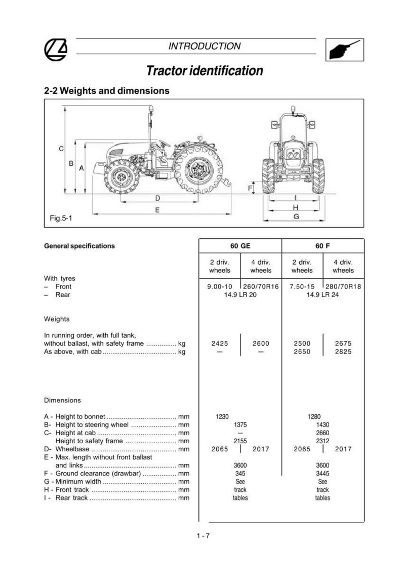 Peut inclure: Sch&eacute;ma d'un tracteur avec dimensions et sp&eacute;cifications. L'image comprend des vues lat&eacute;rales et frontales, avec des mesures en millim&egrave;tres. Le texte comprend des d&eacute;tails sur les poids, les tailles de pneus et les dimensions telles que la hauteur et l'empattement.