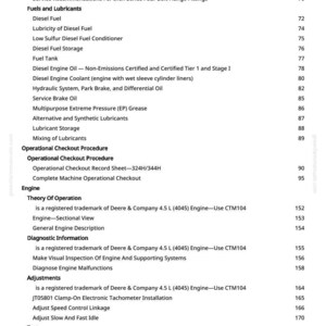 May include: A detailed contents list from a manual, covering topics like engine diagnostics, fuel systems, and operational procedures. The text is black on a white background, with page numbers.