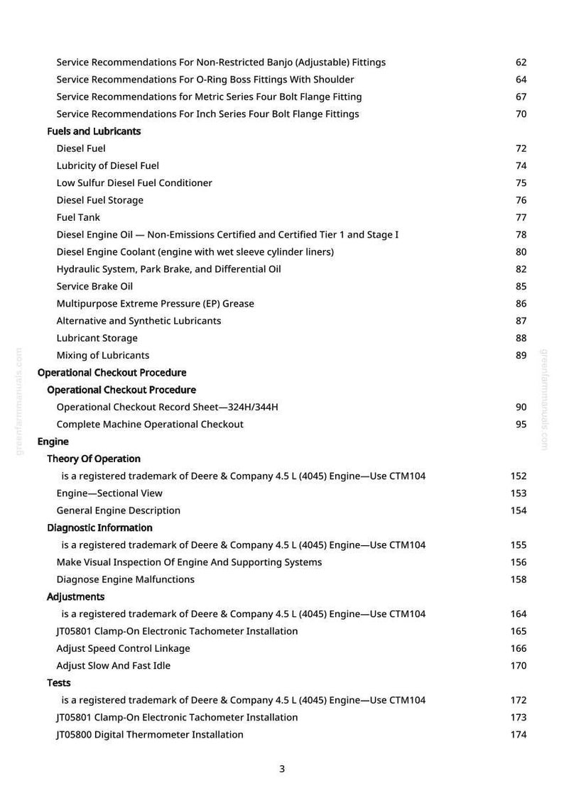 May include: A detailed contents list from a manual, covering topics like engine diagnostics, fuel systems, and operational procedures. The text is black on a white background, with page numbers.