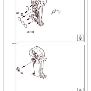 Op de afbeelding: Technische tekening van een mechanisch onderdeel, gelabeld GT-SRS, met gedetailleerde weergaven van de onderdelen. Het diagram bevat callouts voor componenten gelabeld 81, 95 (4x) en 80, met pijlen die hun plaatsing aangeven. Het diagram is in zwart-wit.