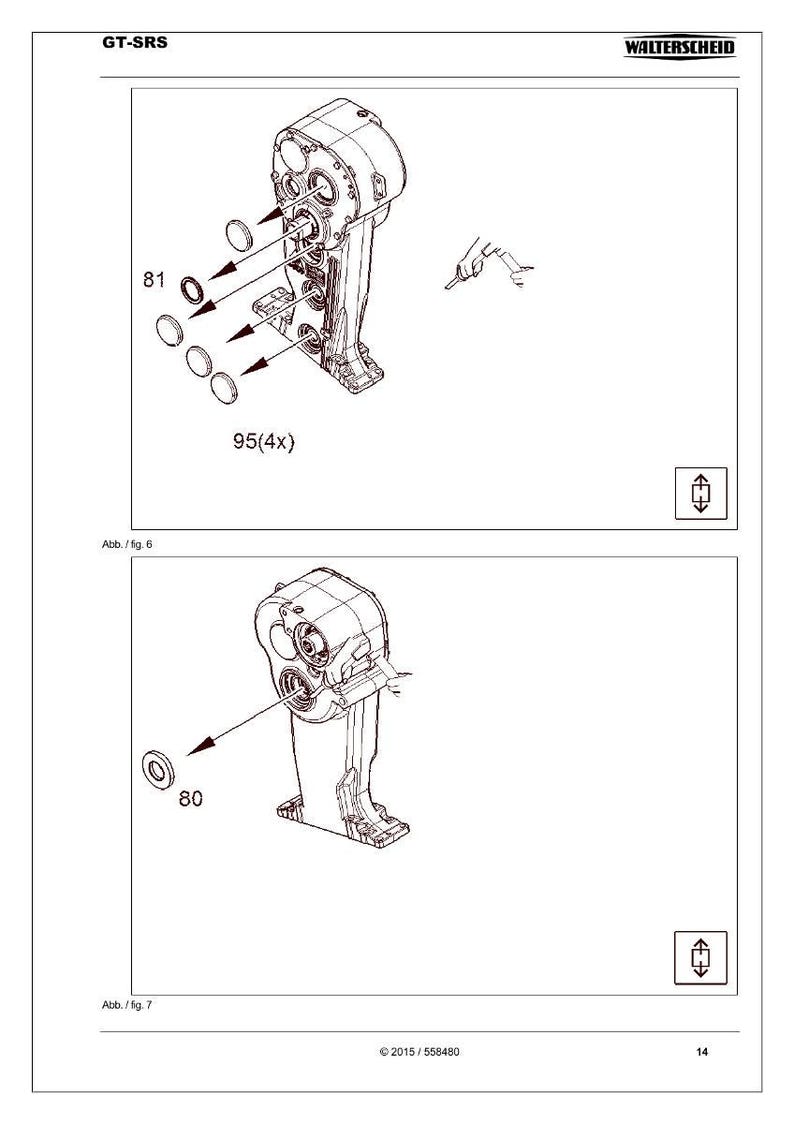 Op de afbeelding: Technische tekening van een mechanisch onderdeel, gelabeld GT-SRS, met gedetailleerde weergaven van de onderdelen. Het diagram bevat callouts voor componenten gelabeld 81, 95 (4x) en 80, met pijlen die hun plaatsing aangeven. Het diagram is in zwart-wit.
