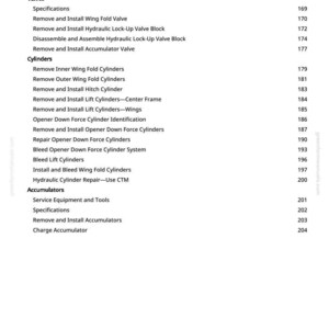 May include: A page from a manual with a table of contents. The text includes terms like "Valves," "Cylinders," and "Accumulators," along with page numbers. The greenfarmmanuals.com logo is visible.
