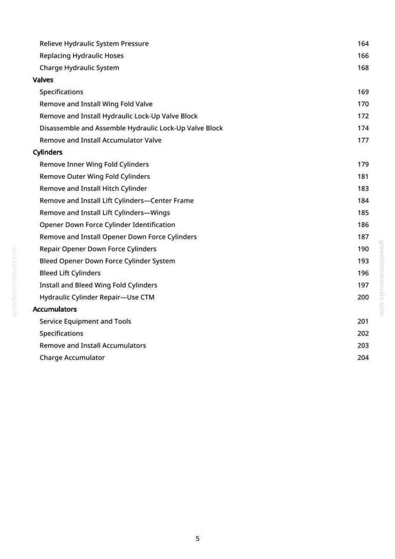 May include: A page from a manual with a table of contents. The text includes terms like "Valves," "Cylinders," and "Accumulators," along with page numbers. The greenfarmmanuals.com logo is visible.