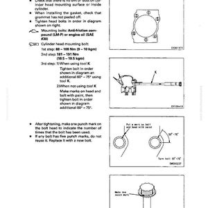 Pode incluir: Diagrama de instru&ccedil;&otilde;es de montagem do motor. Inclui ilustra&ccedil;&otilde;es de aperto de parafusos, marcas de pun&ccedil;&atilde;o e especifica&ccedil;&otilde;es de torque em Newton-metros (Nm) e quilograma-metros (kgm). O texto detalha as etapas para a montagem da cabe&ccedil;a do cilindro.