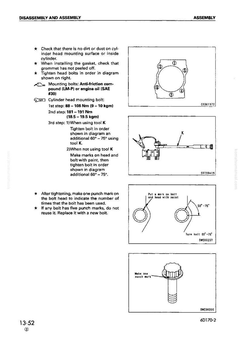 Pode incluir: Diagrama de instru&ccedil;&otilde;es de montagem do motor. Inclui ilustra&ccedil;&otilde;es de aperto de parafusos, marcas de pun&ccedil;&atilde;o e especifica&ccedil;&otilde;es de torque em Newton-metros (Nm) e quilograma-metros (kgm). O texto detalha as etapas para a montagem da cabe&ccedil;a do cilindro.