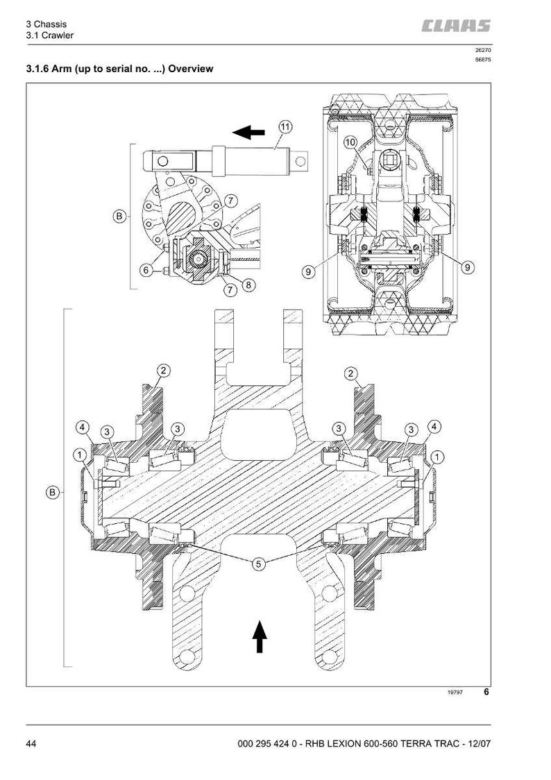 May include: Detailed technical diagram of a CLAAS machine arm, labeled "3.1.6 Arm (up to serial no. ...)". The diagram is in black and white, with various components numbered and lettered. Includes the CLAAS logo and model information.