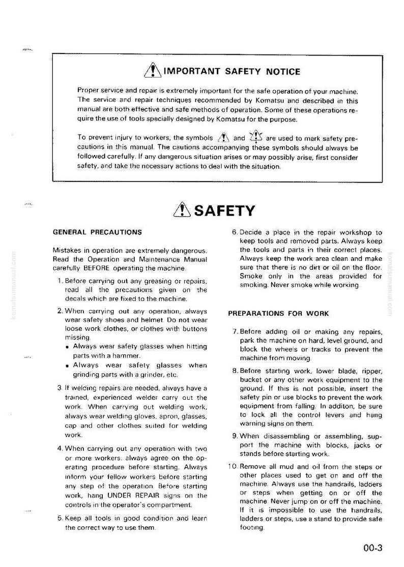May include: A white document with black text, including an "IMPORTANT SAFETY NOTICE" and "SAFETY" headings. The document provides safety precautions for machinery repair, with warnings and instructions for workers. It includes illustrations and safety symbols.