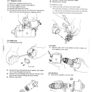 Puede incluir: Diagrama del proceso de desmontaje de un motor de arranque, con ilustraciones detalladas y pasos numerados. Incluye secciones sobre el interruptor magn&eacute;tico, el portacepillos, la cubierta trasera, la horquilla y la extracci&oacute;n del inducido. Las instrucciones de texto acompa&ntilde;an cada paso.