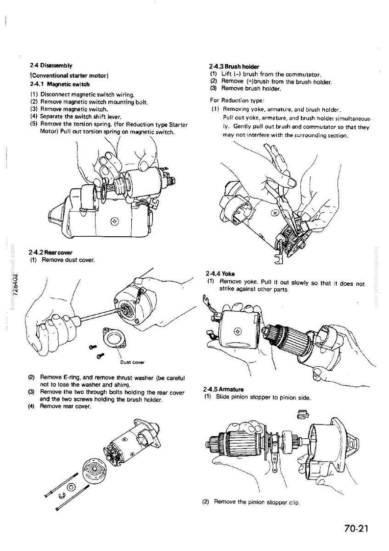 Puede incluir: Diagrama del proceso de desmontaje de un motor de arranque, con ilustraciones detalladas y pasos numerados. Incluye secciones sobre el interruptor magn&eacute;tico, el portacepillos, la cubierta trasera, la horquilla y la extracci&oacute;n del inducido. Las instrucciones de texto acompa&ntilde;an cada paso.