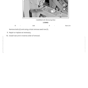 May include: Diagram of agricultural machinery components, including bolts and a seed row. Text reads "CQ289642-UN: Removing Row" and instructions for removal and repair. The image is in black and white.