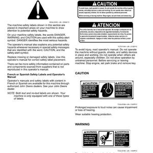 Pu&ograve; includere: Una pagina di manuale con etichette di sicurezza e testo. Le etichette avvertono di potenziali pericoli, come l'esposizione al rumore e le cinghie rotanti. Il testo spiega i simboli di sicurezza e fornisce istruzioni.