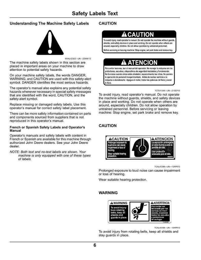 Pu&ograve; includere: Una pagina di manuale con etichette di sicurezza e testo. Le etichette avvertono di potenziali pericoli, come l'esposizione al rumore e le cinghie rotanti. Il testo spiega i simboli di sicurezza e fornisce istruzioni.