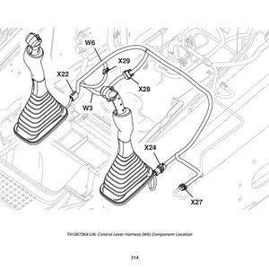 Puede incluir: Dibujo lineal de la ubicaci&oacute;n de un componente del arn&eacute;s de la palanca de control (W6). La imagen muestra dos palancas de control con fundas de goma, conectadas por una red de cables y conectores etiquetados X22, W3, X24, X27, X28 y X29. El texto "TX1067364" es visible.