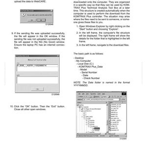 May include: A computer screen capture showing instructions for downloading files using KOMTRAX Plus software. The image includes screenshots of file transfer processes, file paths, and the text "KOMTRAX Plus SOFTWARE".