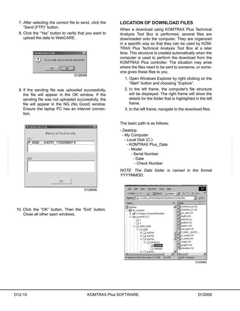 May include: A computer screen capture showing instructions for downloading files using KOMTRAX Plus software. The image includes screenshots of file transfer processes, file paths, and the text "KOMTRAX Plus SOFTWARE".