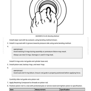 Op de afbeelding: Technische tekening met een hand die een onderdeel buigt, getiteld WZ290901214-UN: Bending Method. Instructies omvatten het installeren van afdichtingen en O-ringen, met koppel specificaties van 155 N&middot;m en 150 N&middot;m.
