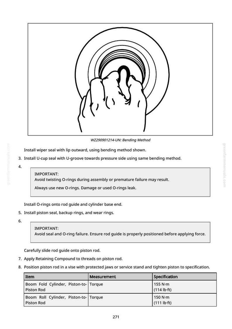 Op de afbeelding: Technische tekening met een hand die een onderdeel buigt, getiteld WZ290901214-UN: Bending Method. Instructies omvatten het installeren van afdichtingen en O-ringen, met koppel specificaties van 155 N&middot;m en 150 N&middot;m.