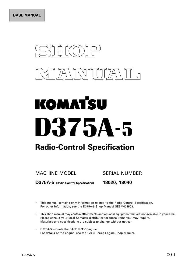 以下が含まれることがあります： 「SHOP MANUAL」と書かれた白いマニュアル。Komatsuのロゴと「D375A-5 Radio-Control Specification」が含まれています。機械モデルとシリアル番号の情報が含まれています。テキストは明確なサンセリフフォントです。
