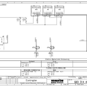 以下が含まれることがあります： 電気回路図を含む技術図面。コンポーネントと配線にラベルが付けられています。ドイツ語と英語のテキストがあり、Komatsu Mining Germanyのロゴがあります。図はElektro-Hydraulische Vorsteuerung用です。