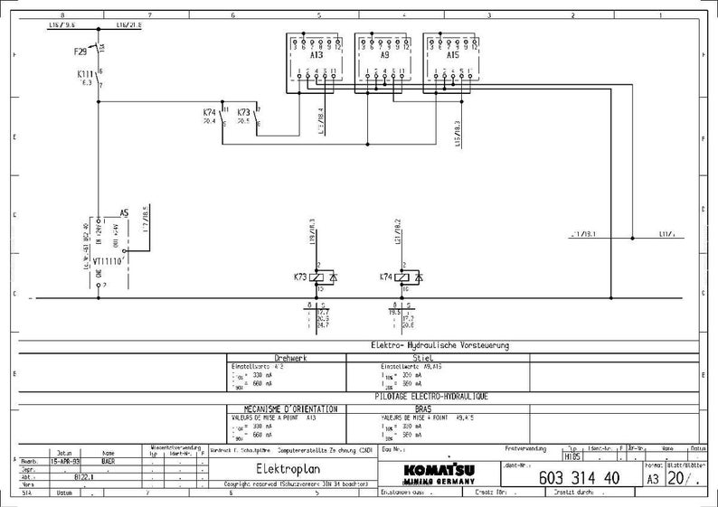 以下が含まれることがあります： 電気回路図を含む技術図面。コンポーネントと配線にラベルが付けられています。ドイツ語と英語のテキストがあり、Komatsu Mining Germanyのロゴがあります。図はElektro-Hydraulische Vorsteuerung用です。