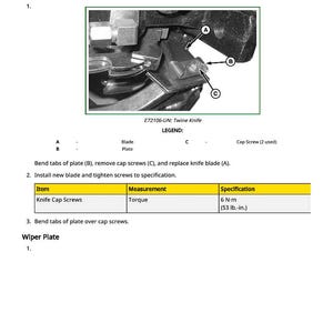 Puede incluir: Diagrama que ilustra la sustituci&oacute;n de una cuchilla de hilo y una placa limpiadora. La imagen incluye un primer plano de la cuchilla de hilo, con las etiquetas A, B y C. El texto especifica el par de los tornillos de la cuchilla a 6 N&middot;m (53 lb&middot;in).