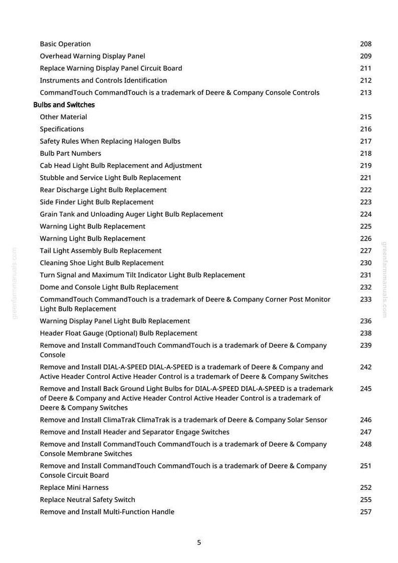 Puede incluir: Una p&aacute;gina de manual con una lista de instrucciones y especificaciones, incluyendo "Bombillas e interruptores" y "Reemplazo de la bombilla de la luz de advertencia". El texto es negro sobre fondo blanco, con un logotipo verde.