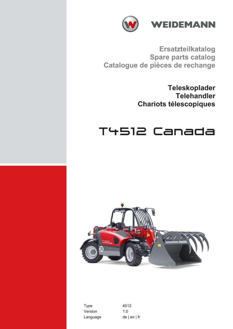 May include: A red and grey Weidemann T4512 Canada telehandler, a type of construction vehicle, is shown on a white background. The image includes the Weidemann logo and text in multiple languages, including "Spare parts catalog."