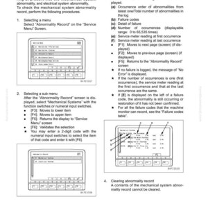 May include: A technical manual page with diagrams and text detailing machine monitor functions. The page includes screenshots of a display screen, with labels and instructions for navigating menus and interpreting data related to mechanical system abnormalities.