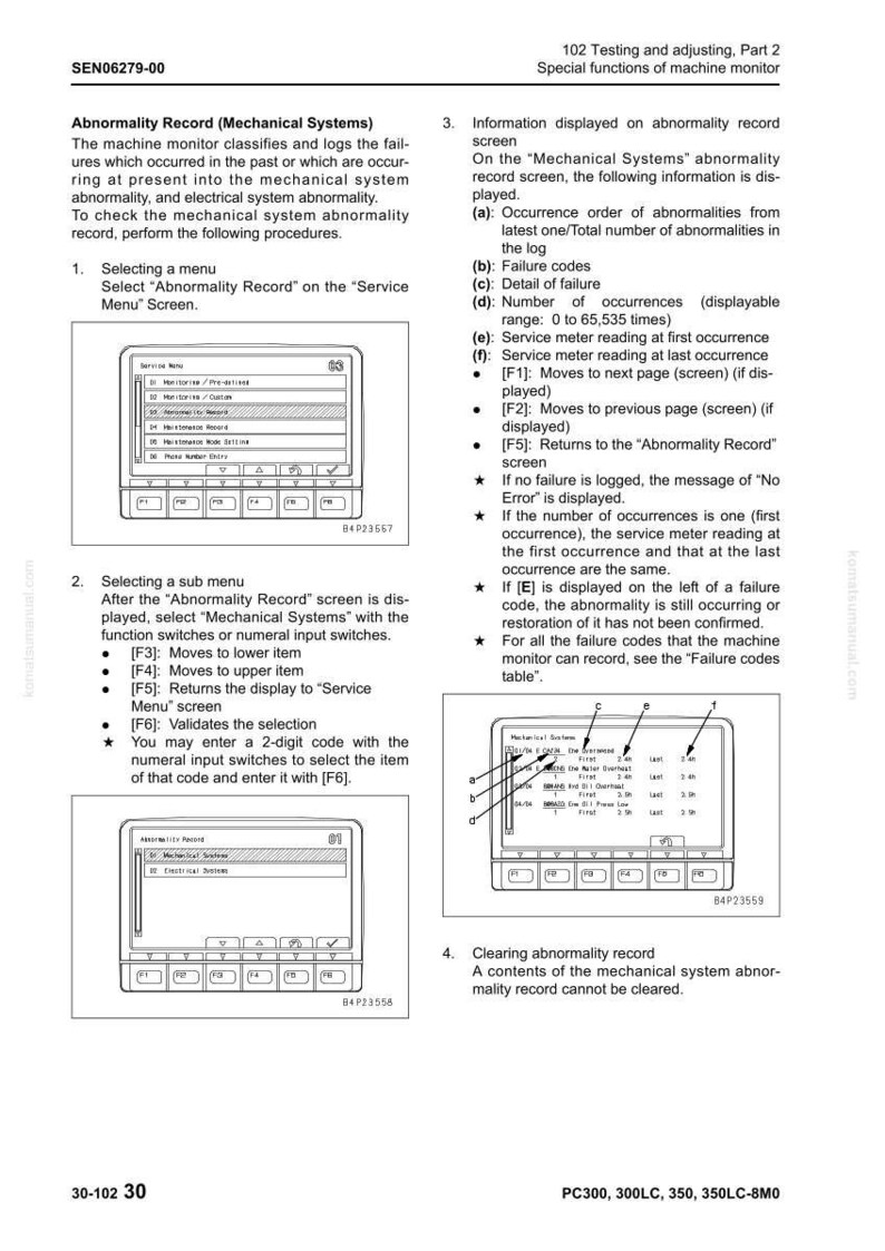 May include: A technical manual page with diagrams and text detailing machine monitor functions. The page includes screenshots of a display screen, with labels and instructions for navigating menus and interpreting data related to mechanical system abnormalities.