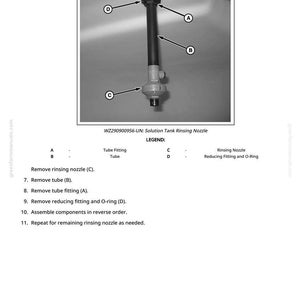 Peut inclure: Sch&eacute;ma d'une buse de rin&ccedil;age de r&eacute;servoir de solution, avec les pi&egrave;ces A, B, C et D &eacute;tiquet&eacute;es. La buse est compos&eacute;e d'un raccord de tube, d'un tube, d'une buse de rin&ccedil;age et d'un raccord de r&eacute;duction avec un joint torique. Le texte fournit des instructions de d&eacute;montage et de montage.