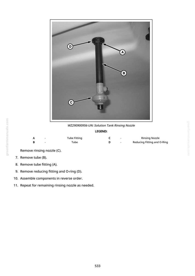 Peut inclure: Sch&eacute;ma d'une buse de rin&ccedil;age de r&eacute;servoir de solution, avec les pi&egrave;ces A, B, C et D &eacute;tiquet&eacute;es. La buse est compos&eacute;e d'un raccord de tube, d'un tube, d'une buse de rin&ccedil;age et d'un raccord de r&eacute;duction avec un joint torique. Le texte fournit des instructions de d&eacute;montage et de montage.