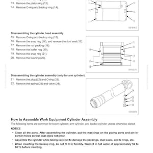 May include: Diagram of a work equipment cylinder assembly with labeled parts for disassembly and assembly. Includes illustrations of piston, cylinder head, and arm cylinder components, with instructions and notices.