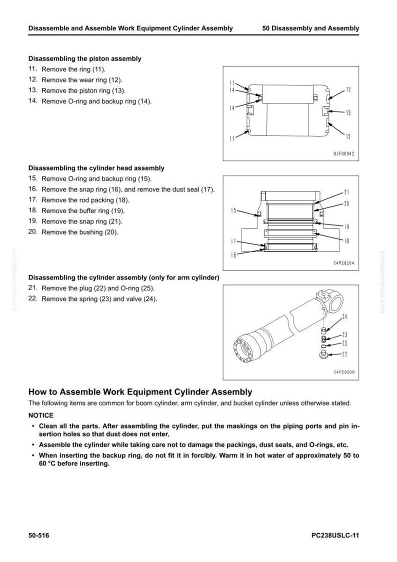 May include: Diagram of a work equipment cylinder assembly with labeled parts for disassembly and assembly. Includes illustrations of piston, cylinder head, and arm cylinder components, with instructions and notices.