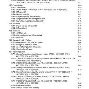 May include: A page from a manual titled "CONTENTS" with a list of technical topics and page numbers. Topics include engine accessories, transmission, rear axle, front axle, and hydraulic systems. The text is in black font.