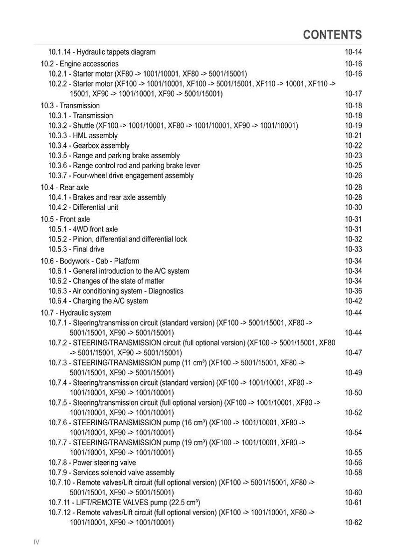 May include: A page from a manual titled "CONTENTS" with a list of technical topics and page numbers. Topics include engine accessories, transmission, rear axle, front axle, and hydraulic systems. The text is in black font.