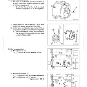 May include: Diagram of a Torqflow transmission disassembly and assembly guide. The guide includes illustrations of parts such as the rotation detection shaft, bearing, and valve sheet, with measurements in Nm and kgm.