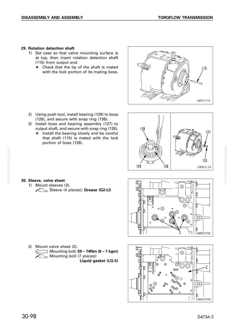 May include: Diagram of a Torqflow transmission disassembly and assembly guide. The guide includes illustrations of parts such as the rotation detection shaft, bearing, and valve sheet, with measurements in Nm and kgm.