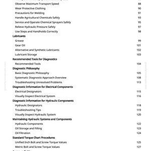 May include: A page from a manual with a table of contents. Topics include safety, lubricants, diagnostics, and hydraulic systems. The page numbers are listed on the right side of the page.